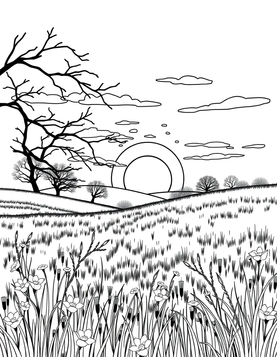 A spring sunrise over a dewy meadow landscape