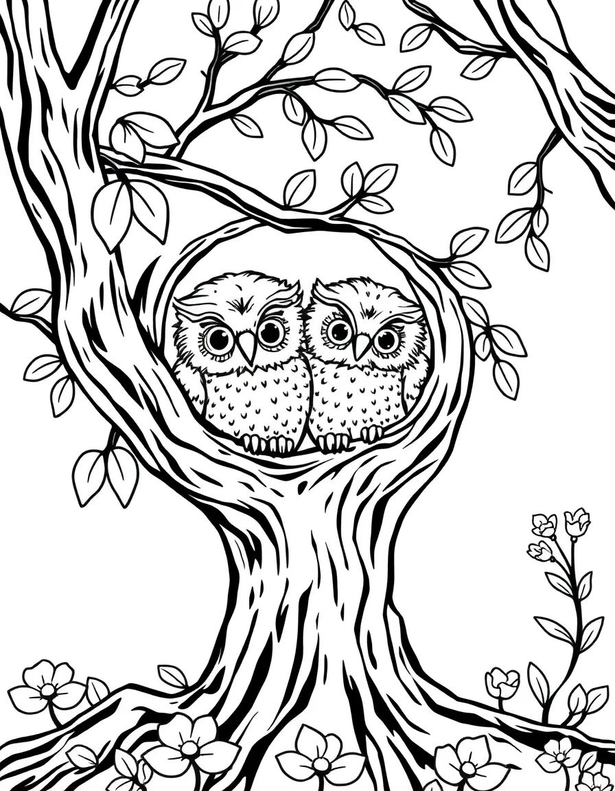 Baby owls in a tree hollow with spring foliage