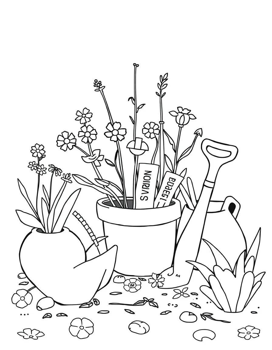 A spring gardening scene with tools and seed packets