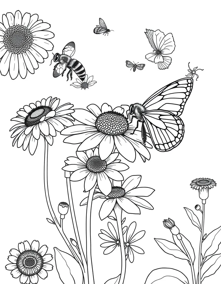 Detailed pollination scenes with bees and butterflies
