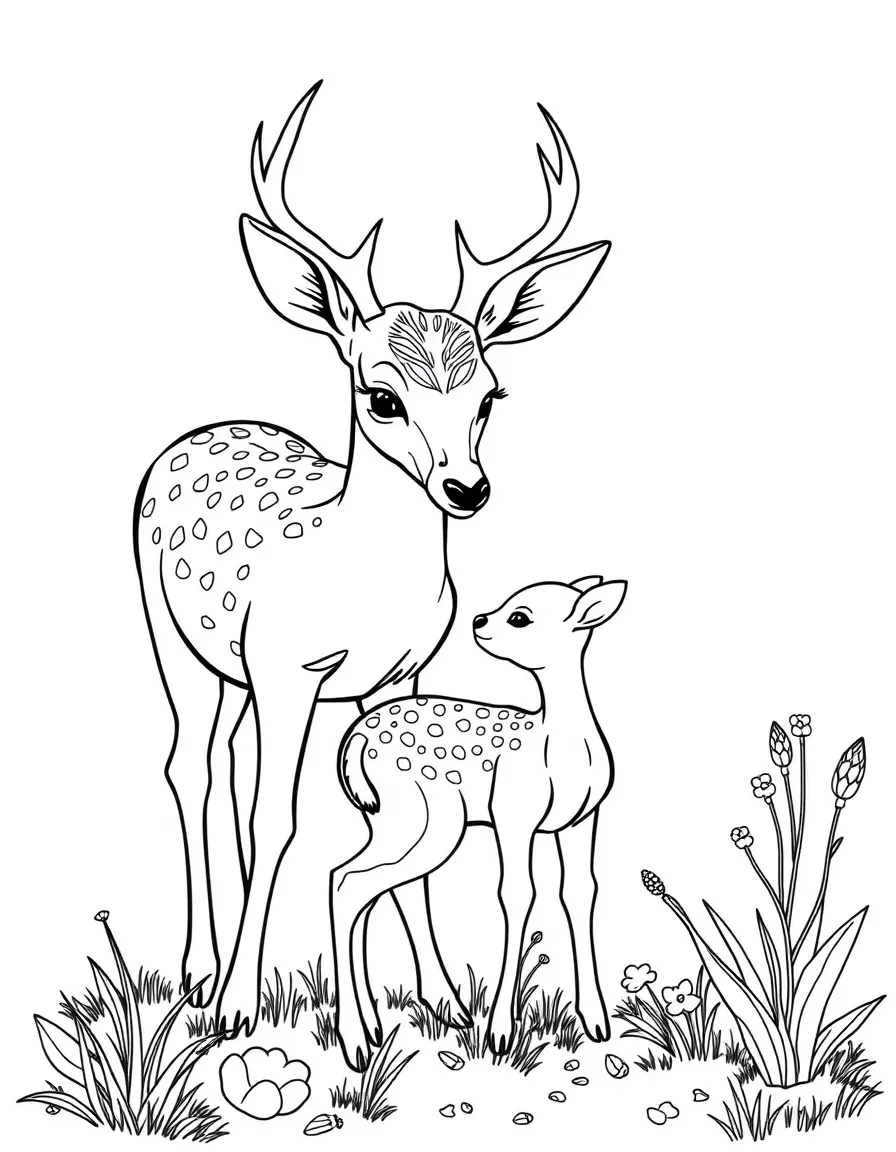 A mother deer teaching fawns to forage spring plants