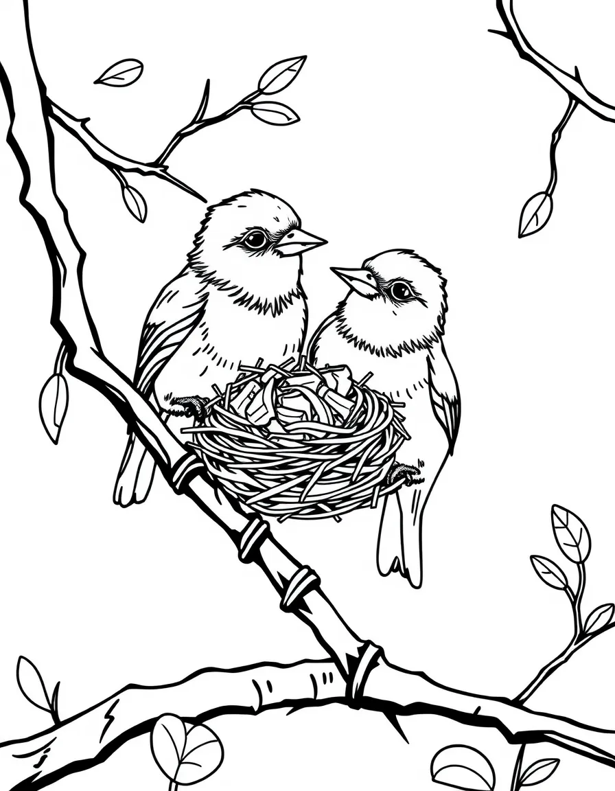 Spring birds gathering nesting materials in their beaks
