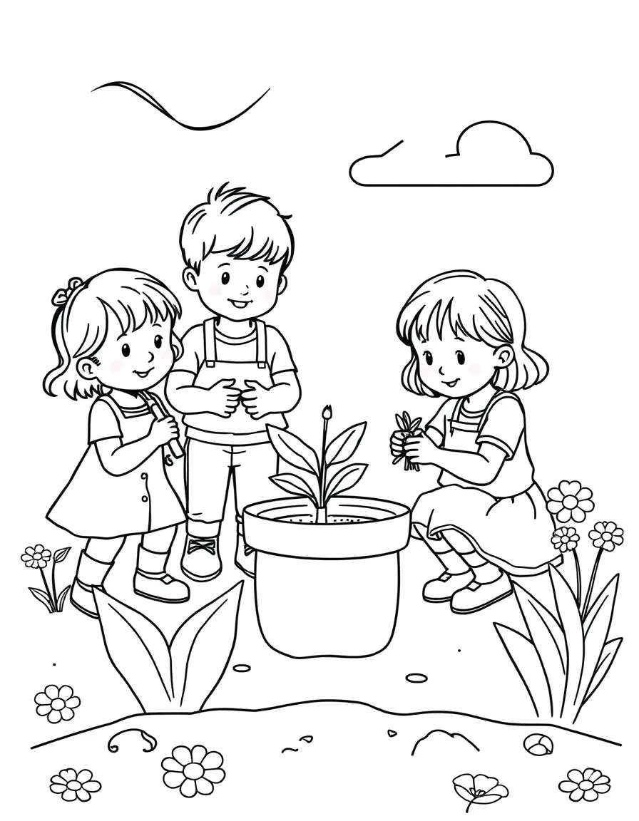 Children participating in spring planting activities