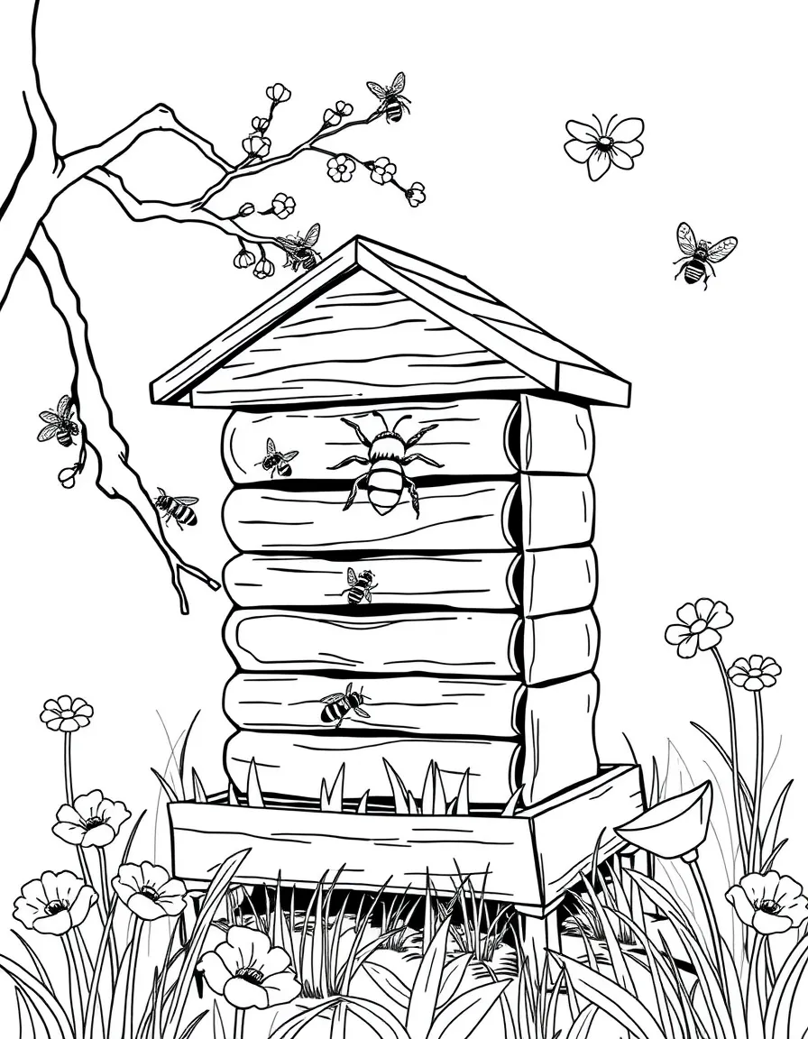 A spring beekeeping scene with detailed hive structure