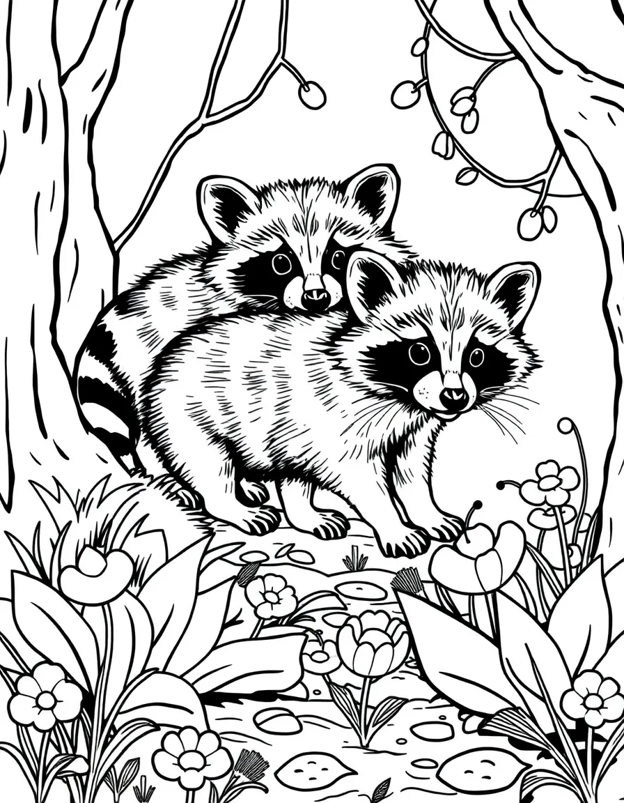 Baby raccoons exploring a spring forest floor