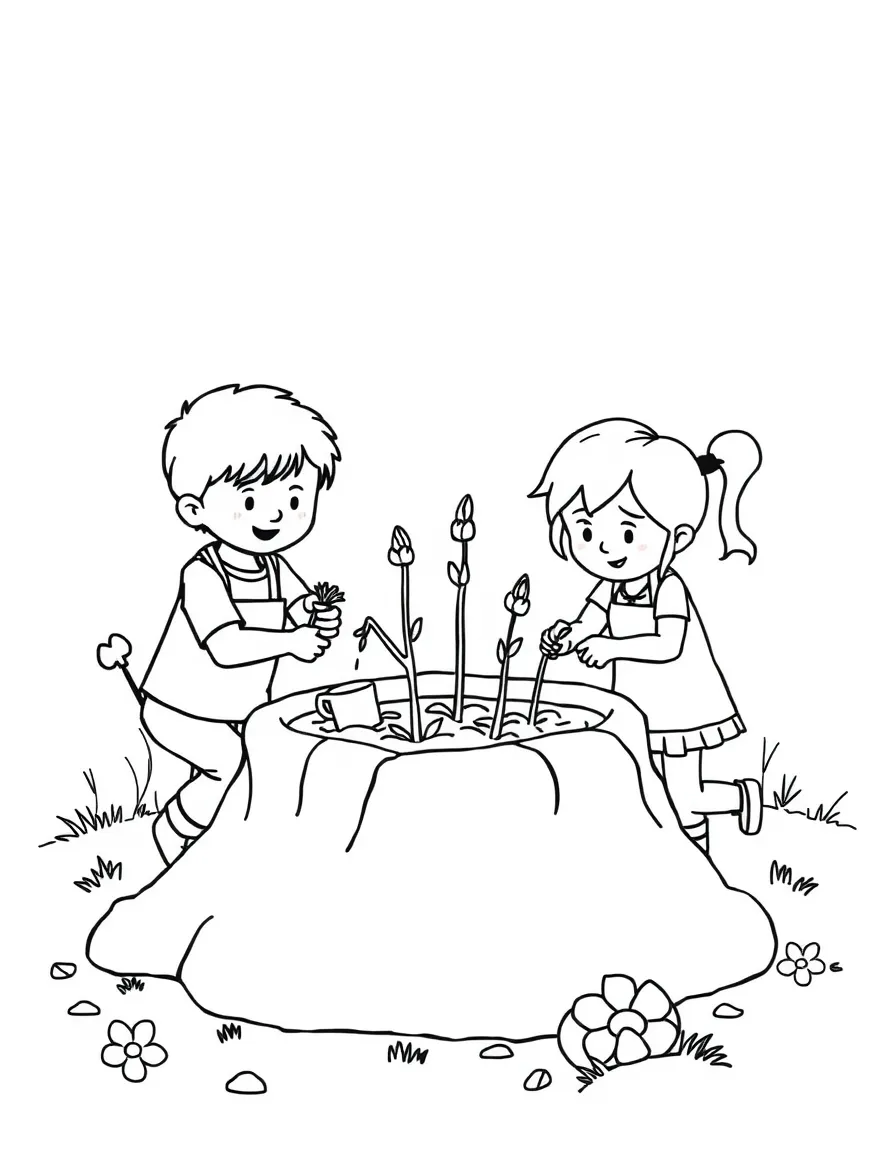 Children creating spring mud pies and nature crafts