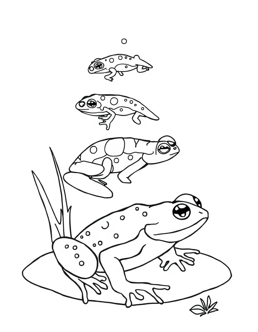 Tadpoles transforming into frogs in sequential stages