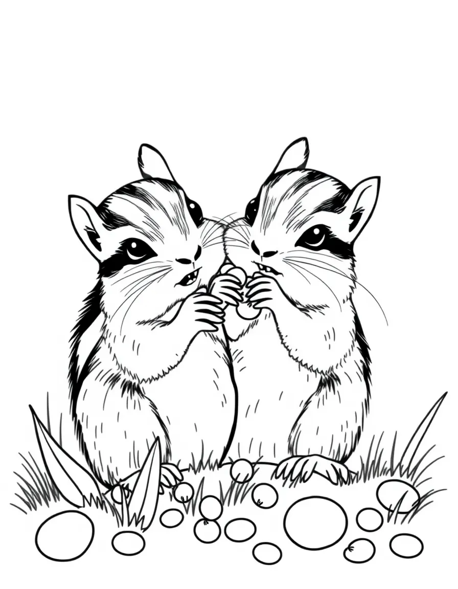 Baby chipmunks gathering spring seeds in their cheeks