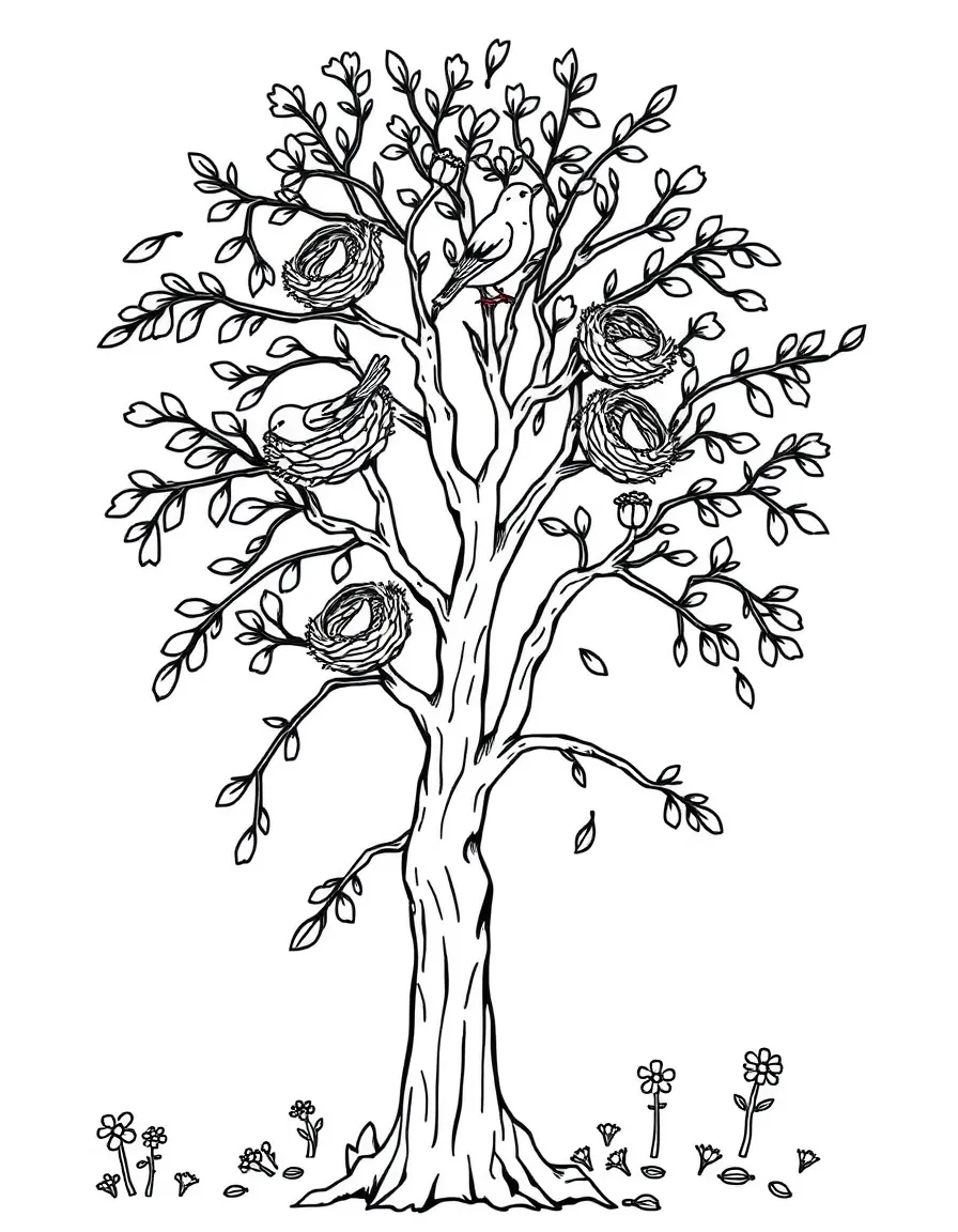 A spring tree with bird nests at different heights