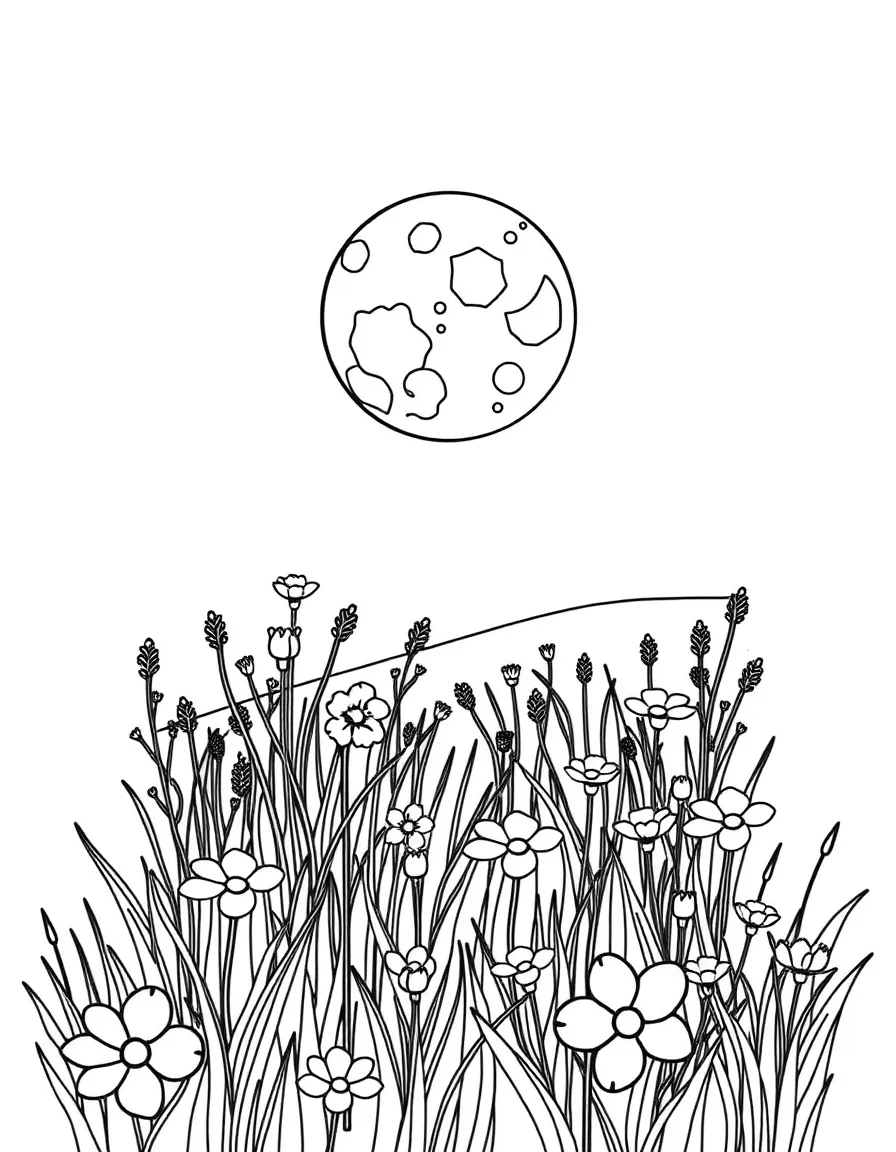 A spring moon rising over a flowering meadow