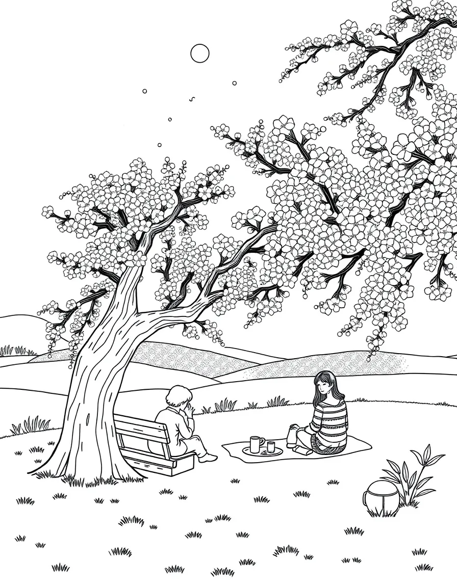 Detailed cherry blossom viewing picnic scene