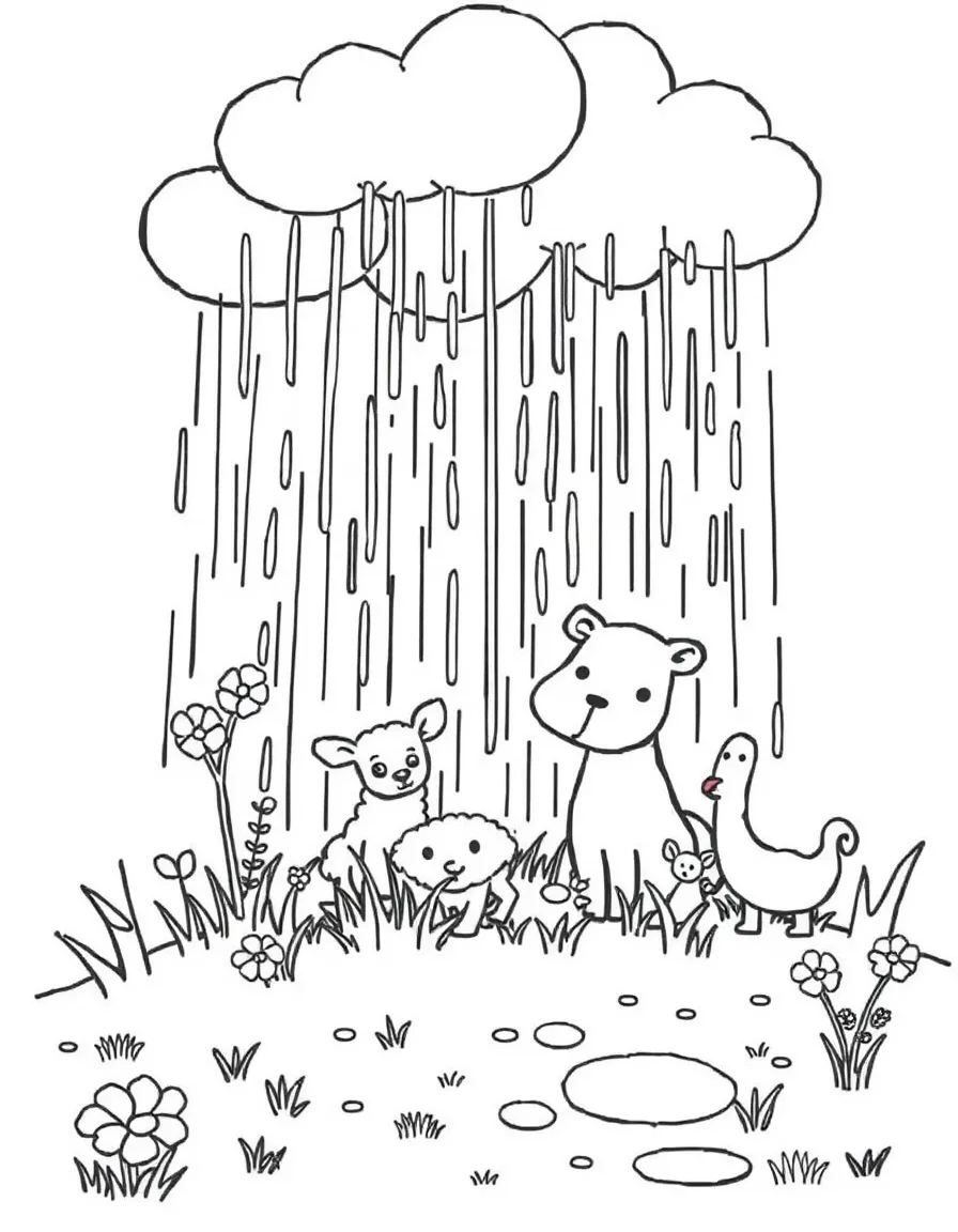 A spring rain shower with animals seeking shelter