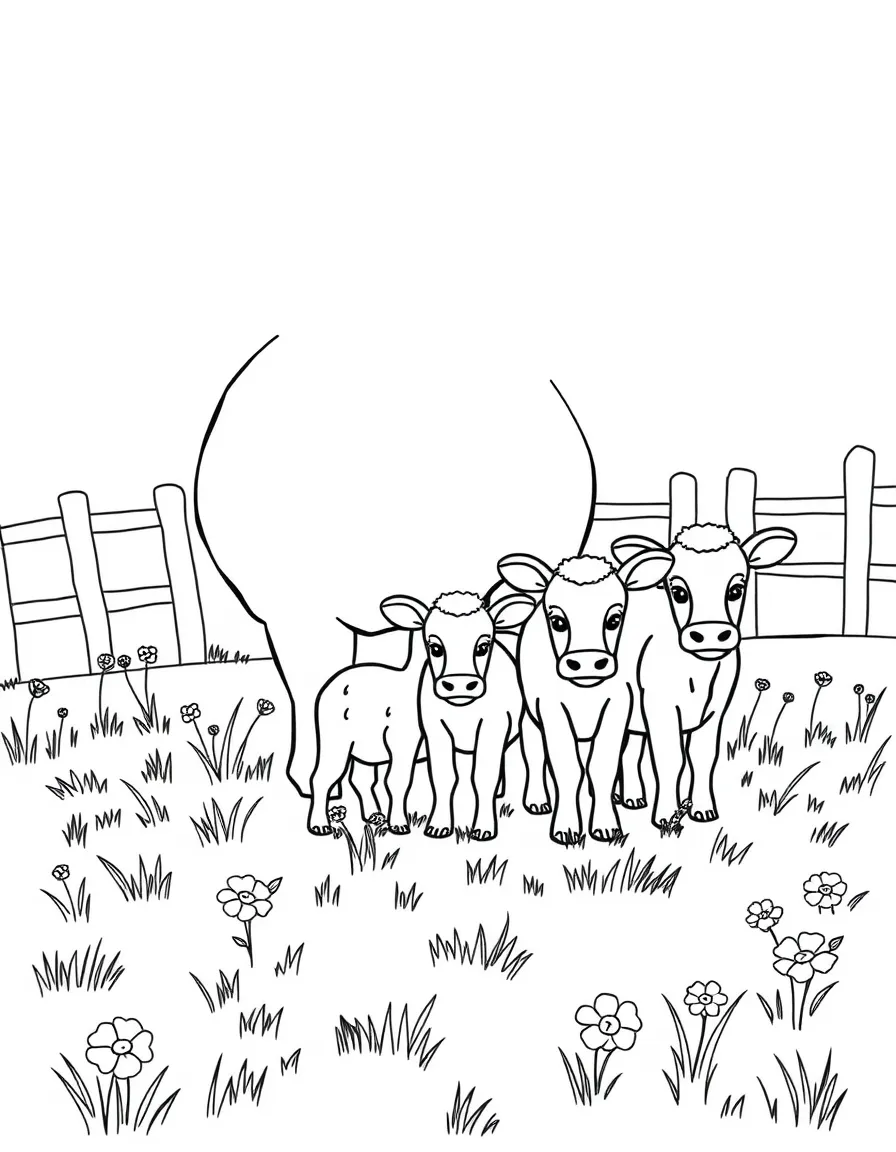 Farm animals with their spring babies in a pasture