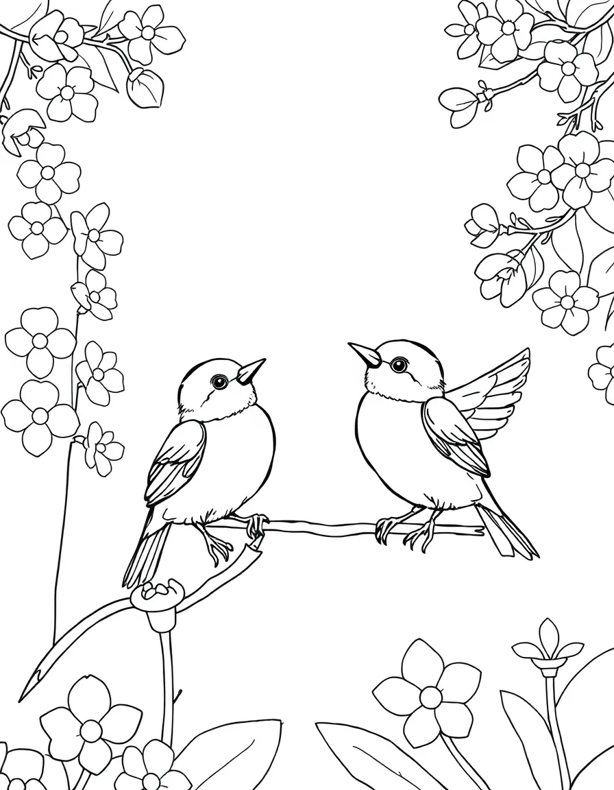 Baby birds learning to sing in a flowering orchard