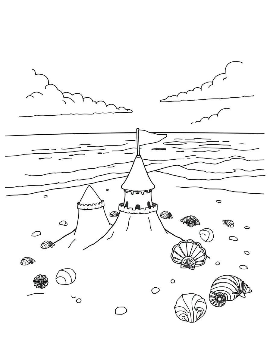 A detailed beach scene with sandcastles and seashells
