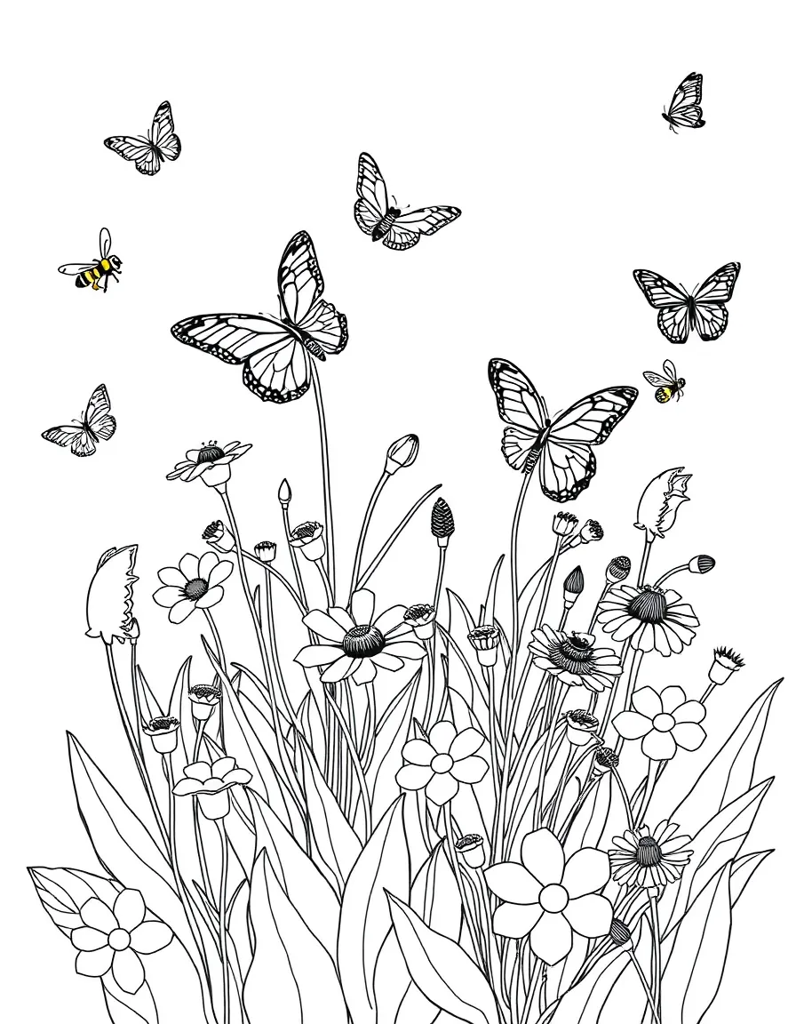 A summer garden in full bloom with butterflies and bees