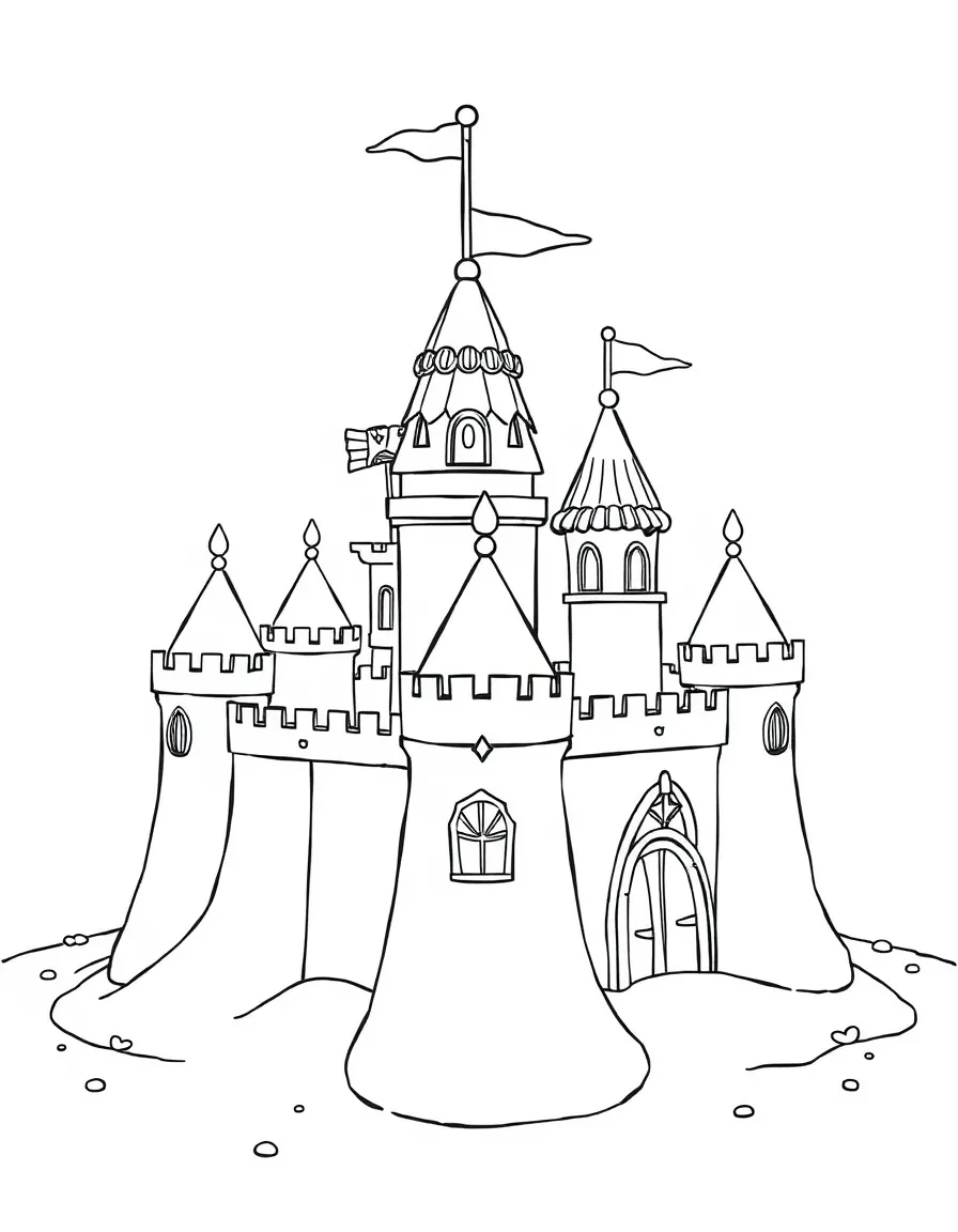 Elaborate sandcastles with moats and seashell decorations