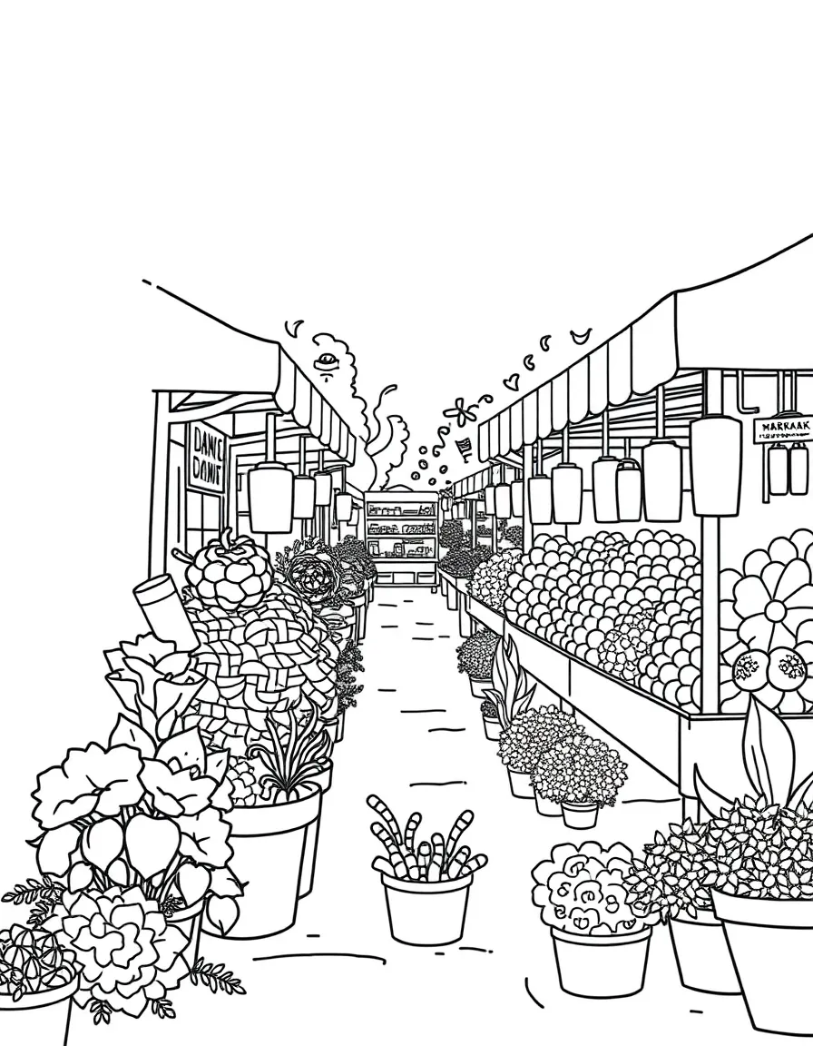 A summer farmers' market with produce stands and flowers