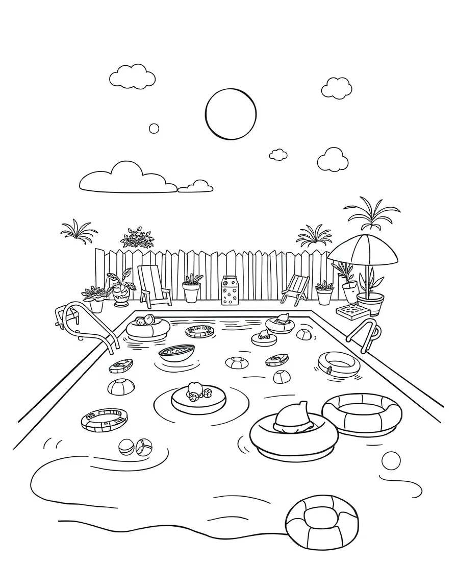 A detailed swimming pool scene with floats and toys
