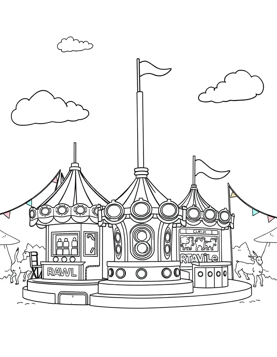 A summer carnival with decorated rides and game booths