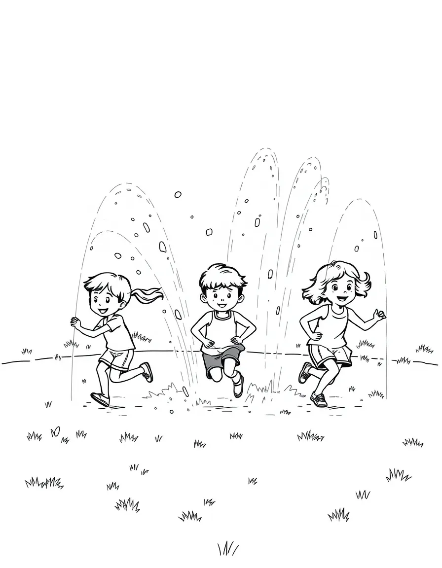 Children running through sprinklers on a hot day