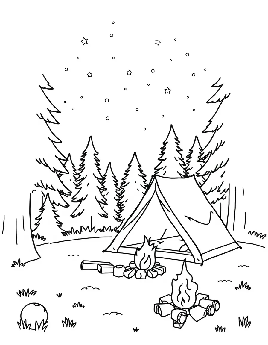 A summer camping scene with a tent and campfire