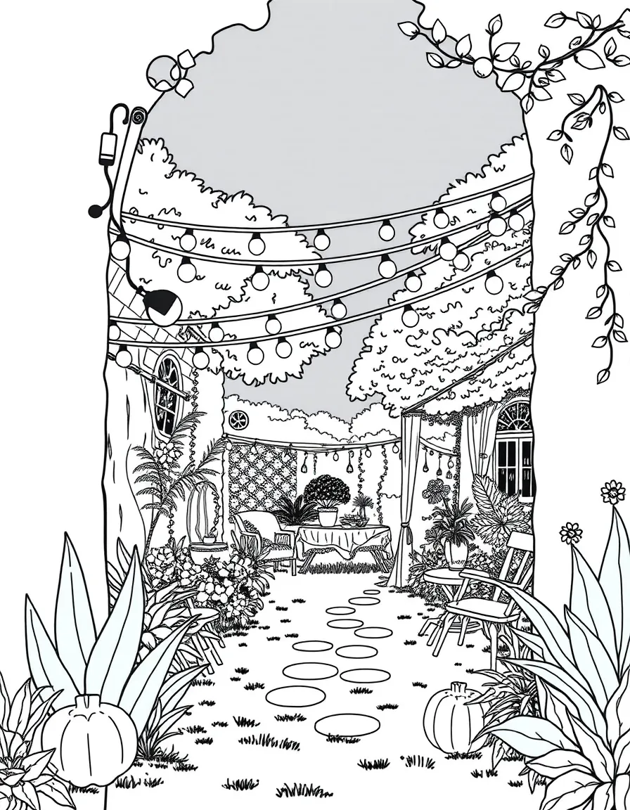 A detailed garden party with string lights and decorations