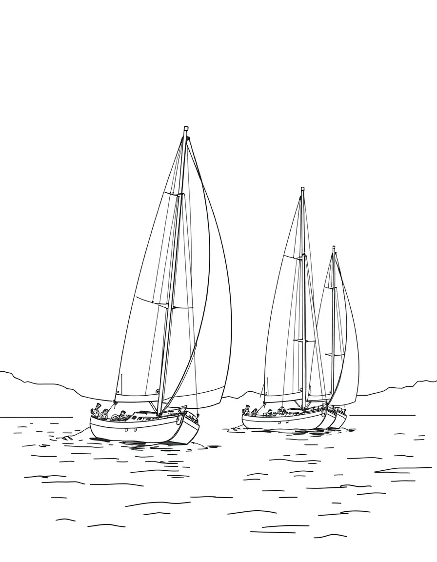 Sailboats on a lake with detailed sails and rigging