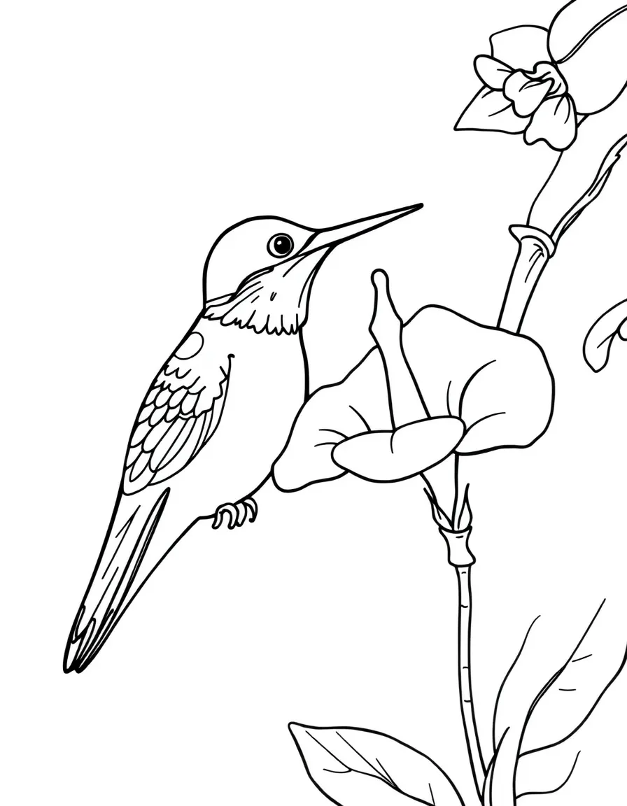 A hummingbird feeding from elaborate trumpet flowers