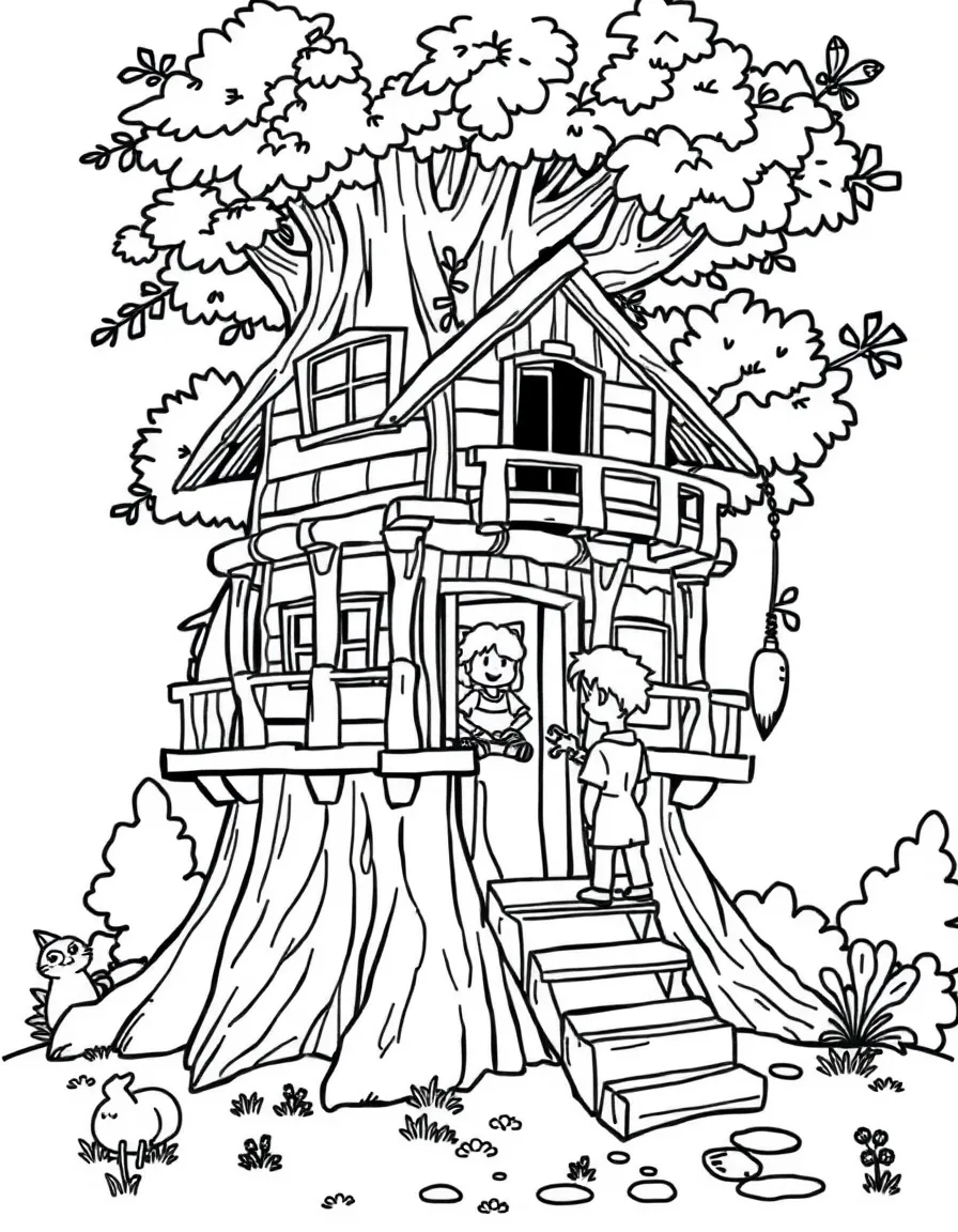 Children building a summer treehouse with details