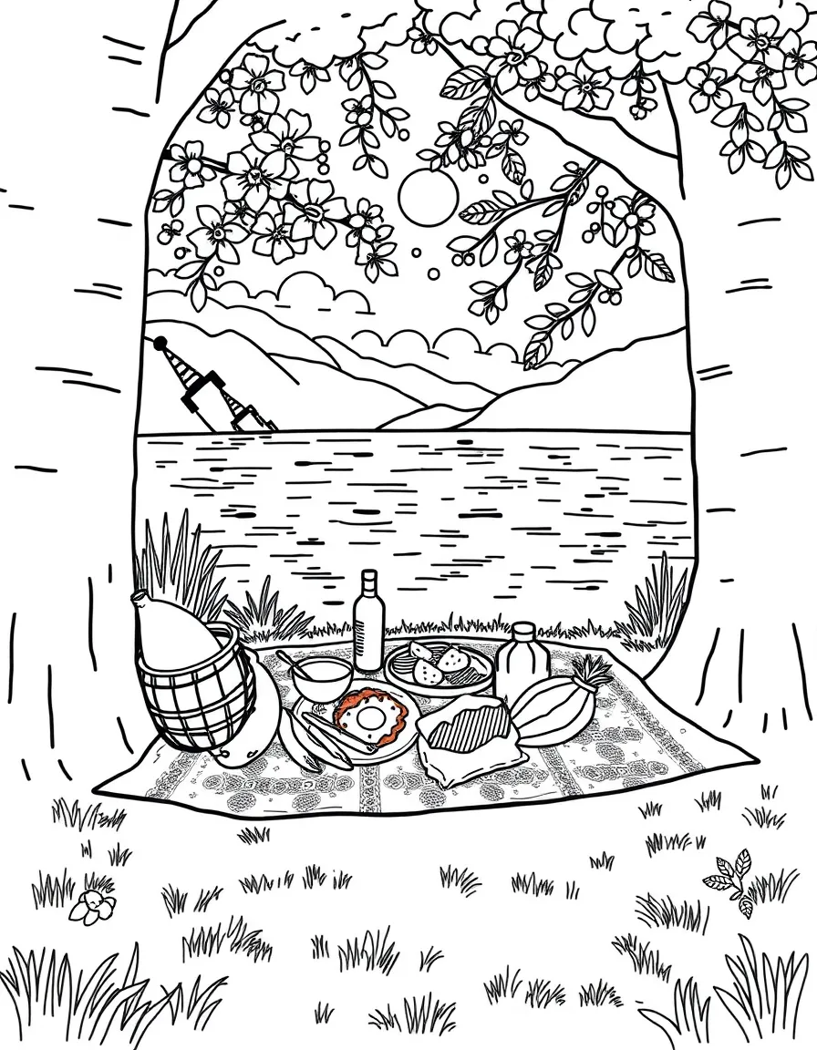 A lakeside picnic with detailed food and blanket patterns