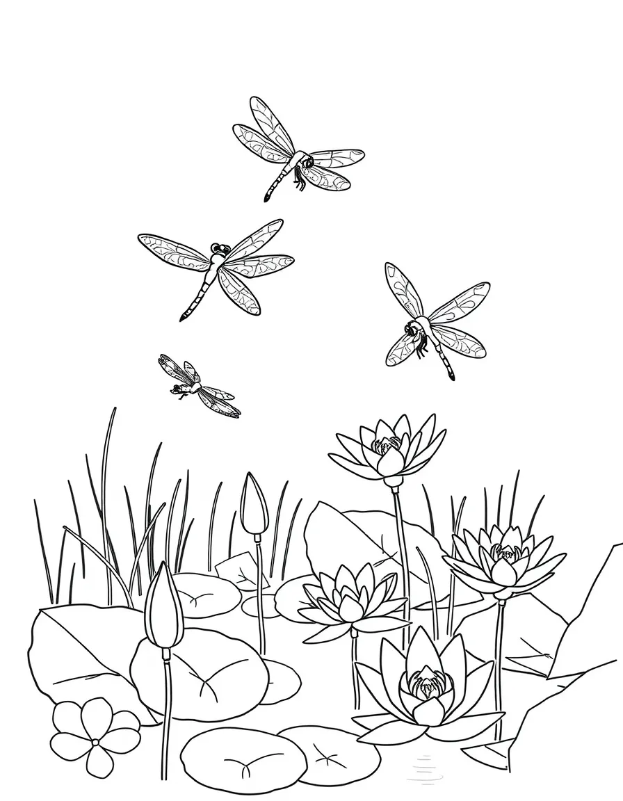 Dragonflies hovering over a summer pond with lilies