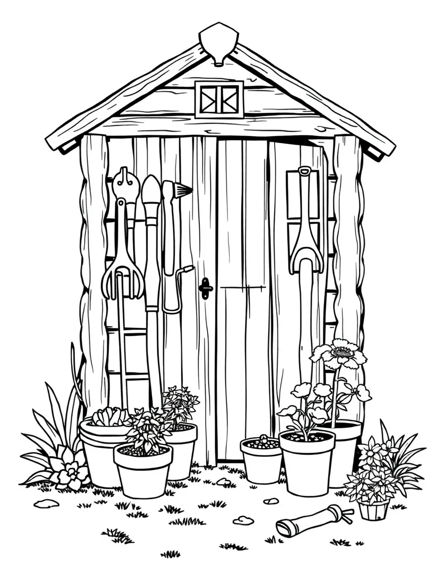 A detailed garden shed with tools and flower pots