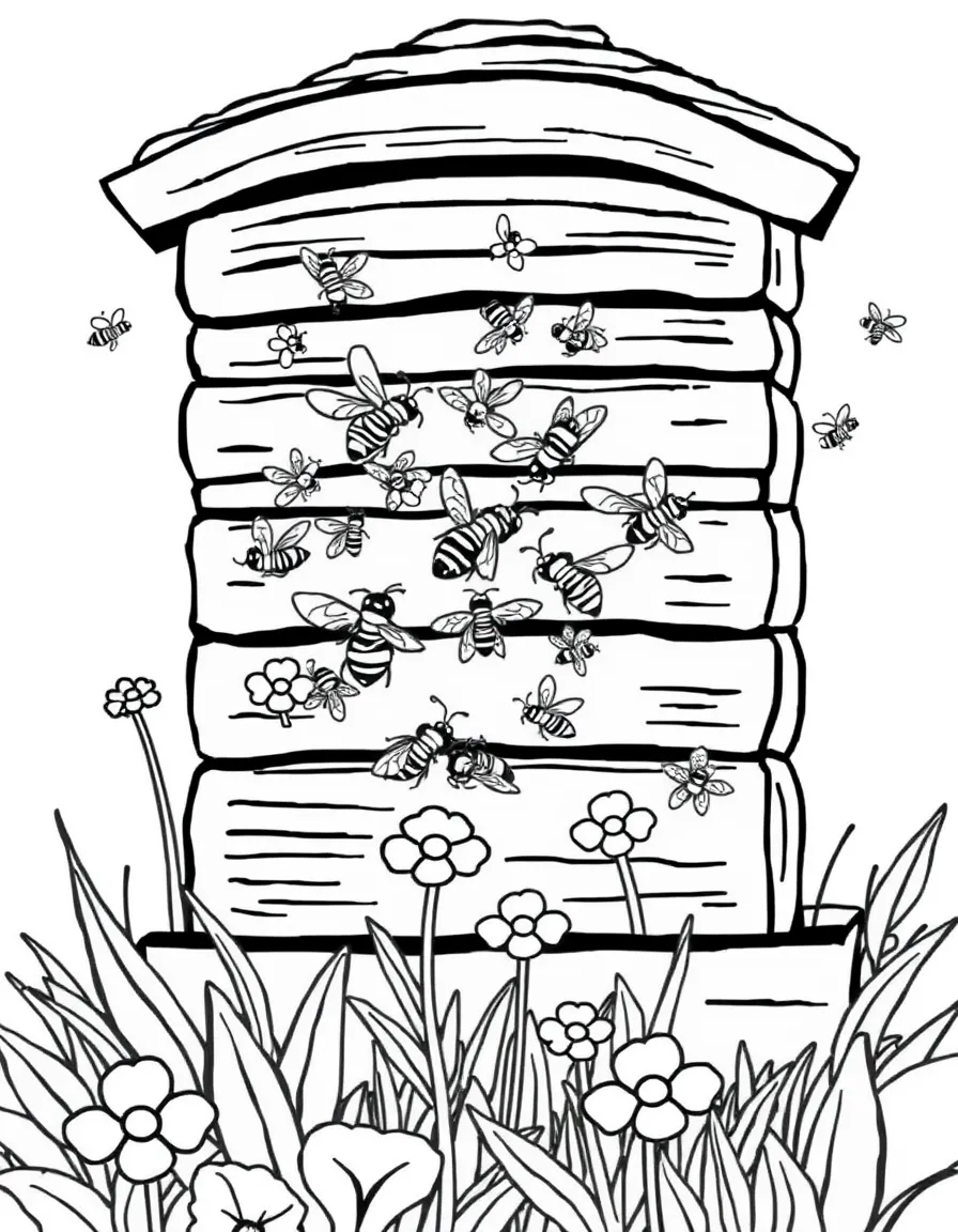 A summer beehive buzzing with active honeybees