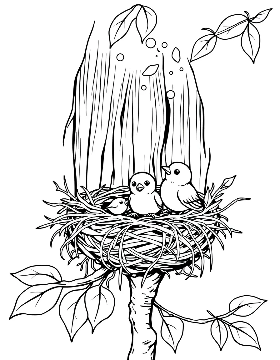 A summer bird's nest with fledglings preparing to fly