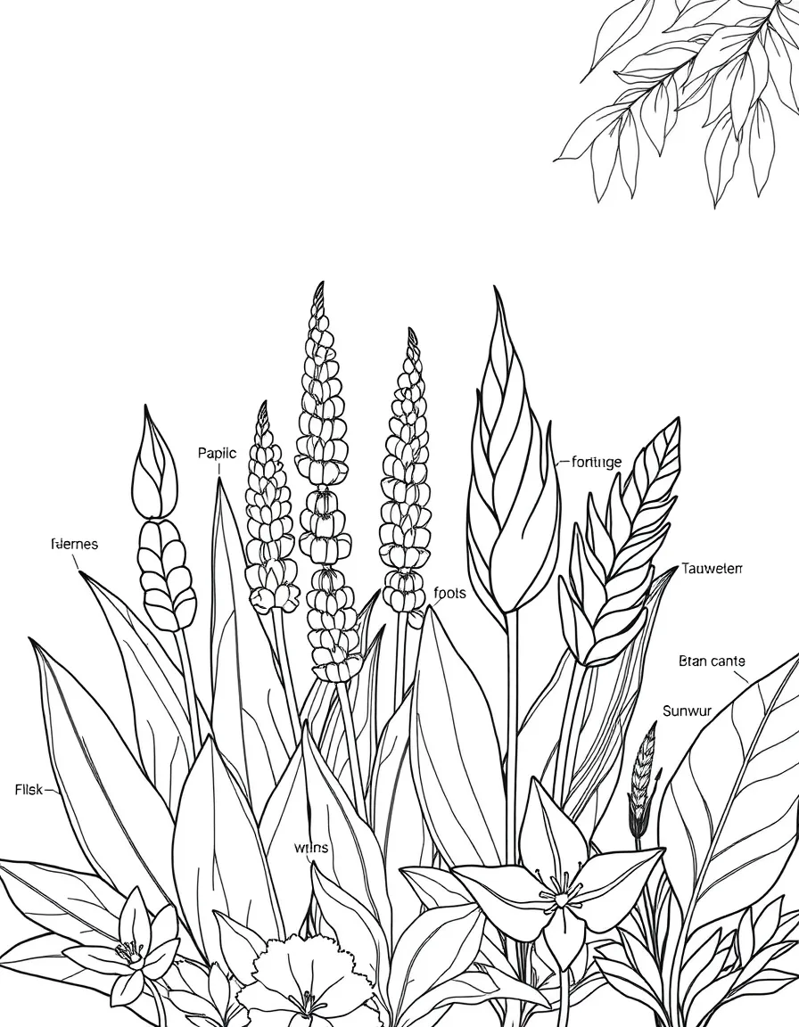 A summer botanical garden with labeled exotic plants