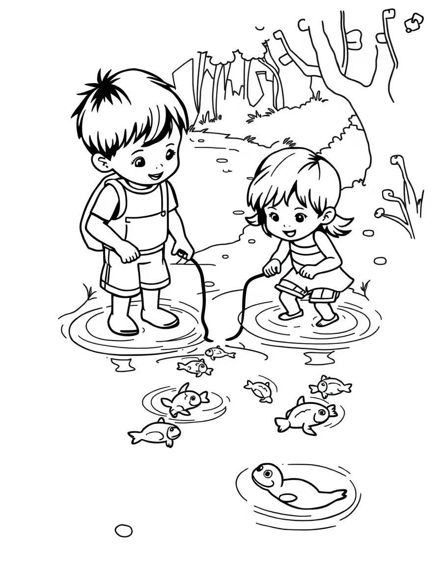 Children wading in a stream catching tadpoles