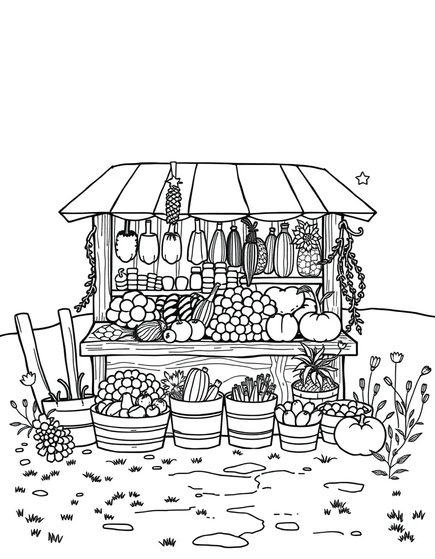 A detailed roadside farm stand with summer produce