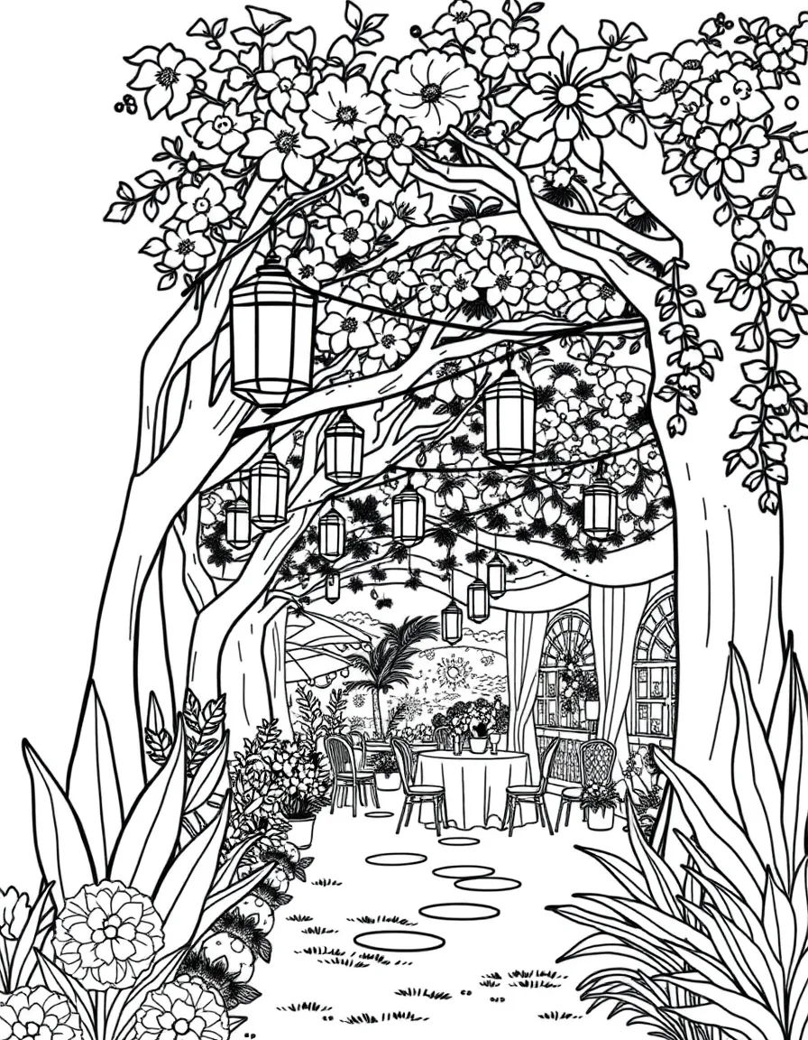 A summer garden party with lanterns hanging from trees