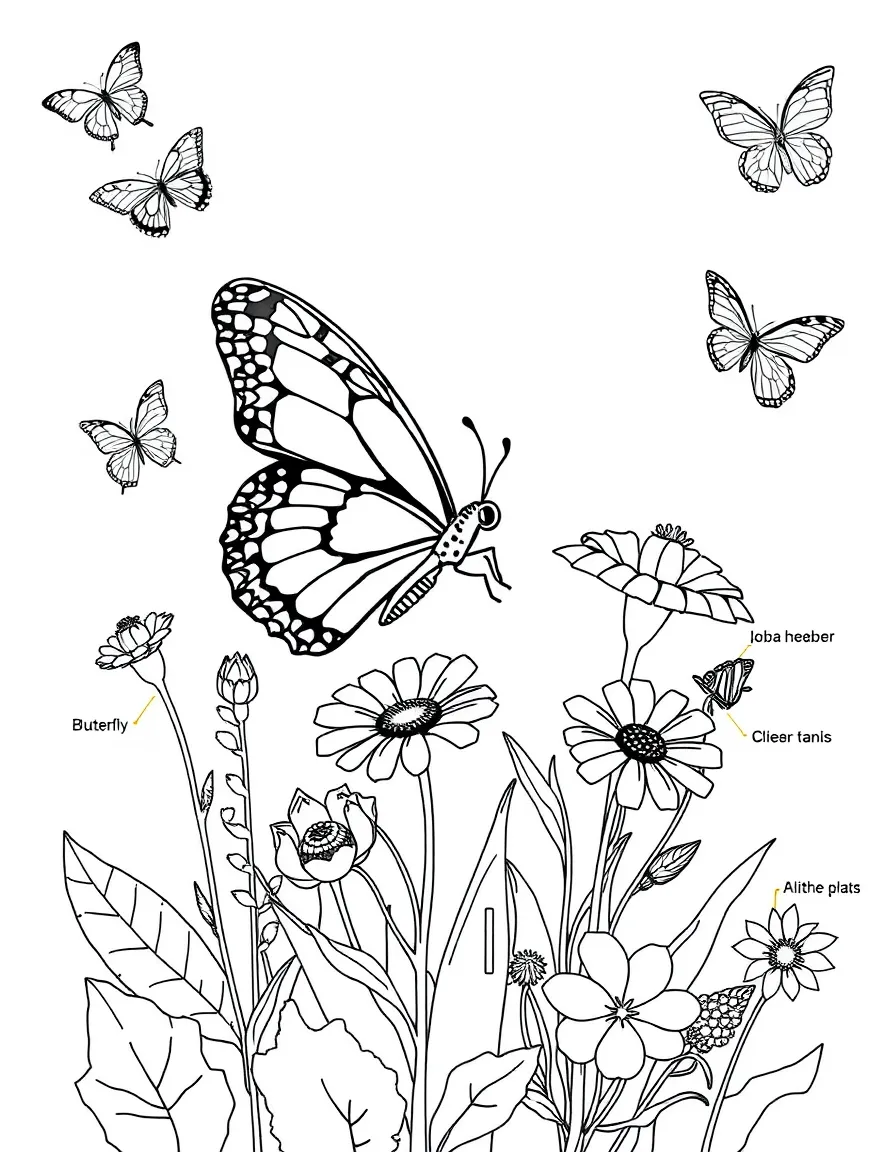 A detailed butterfly garden with labeled species