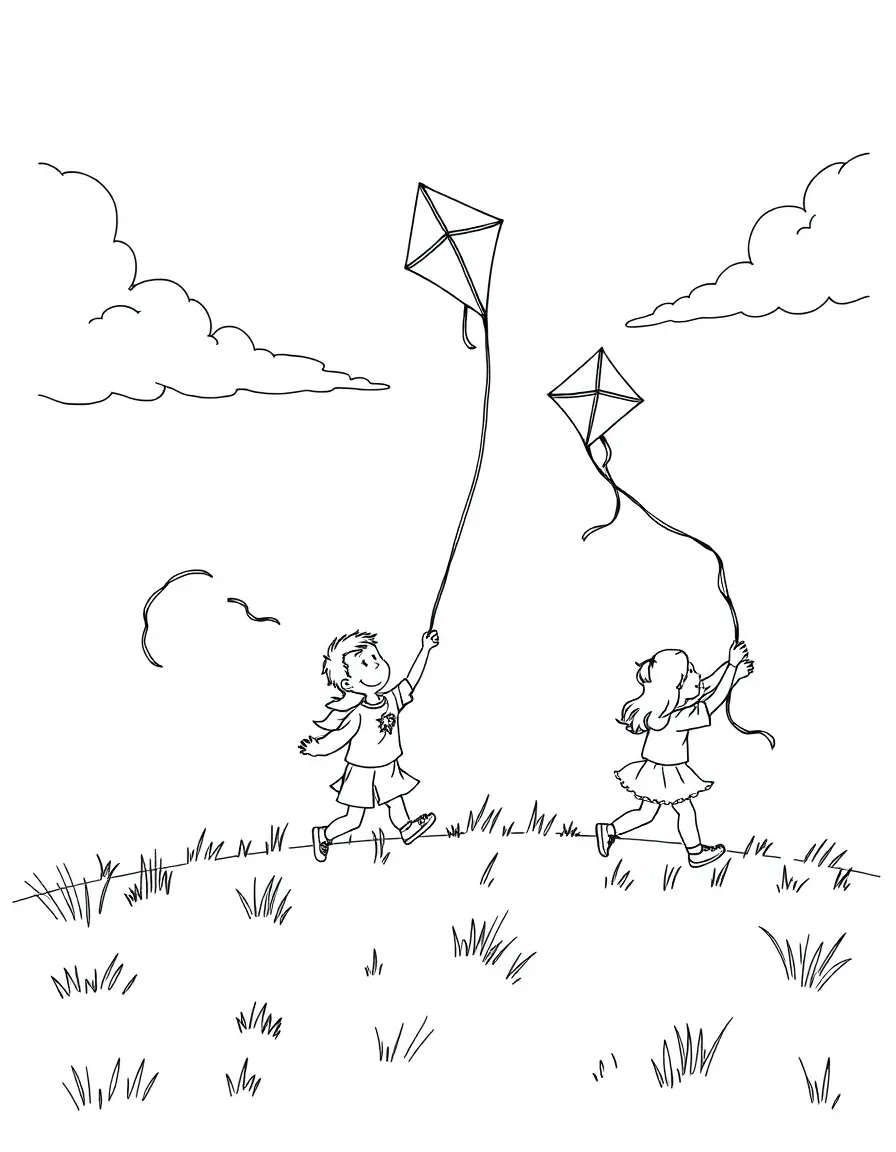 Children flying kites on a breezy summer day
