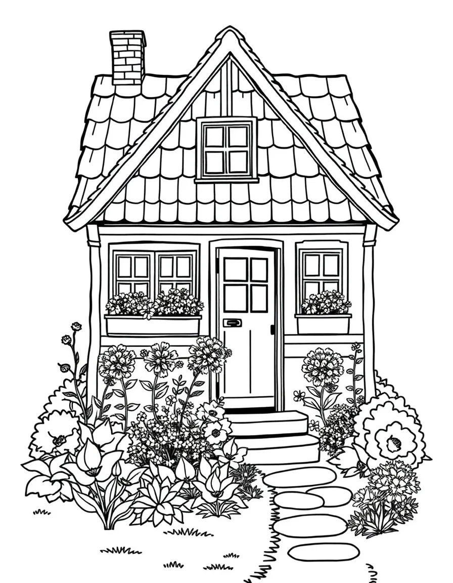 A detailed summer cottage with flower boxes and garden