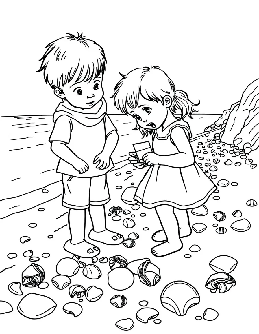 Children collecting shells along a detailed shoreline