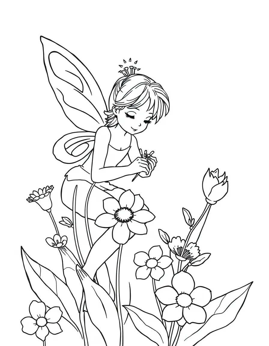 A flower fairy tending to summer blooms