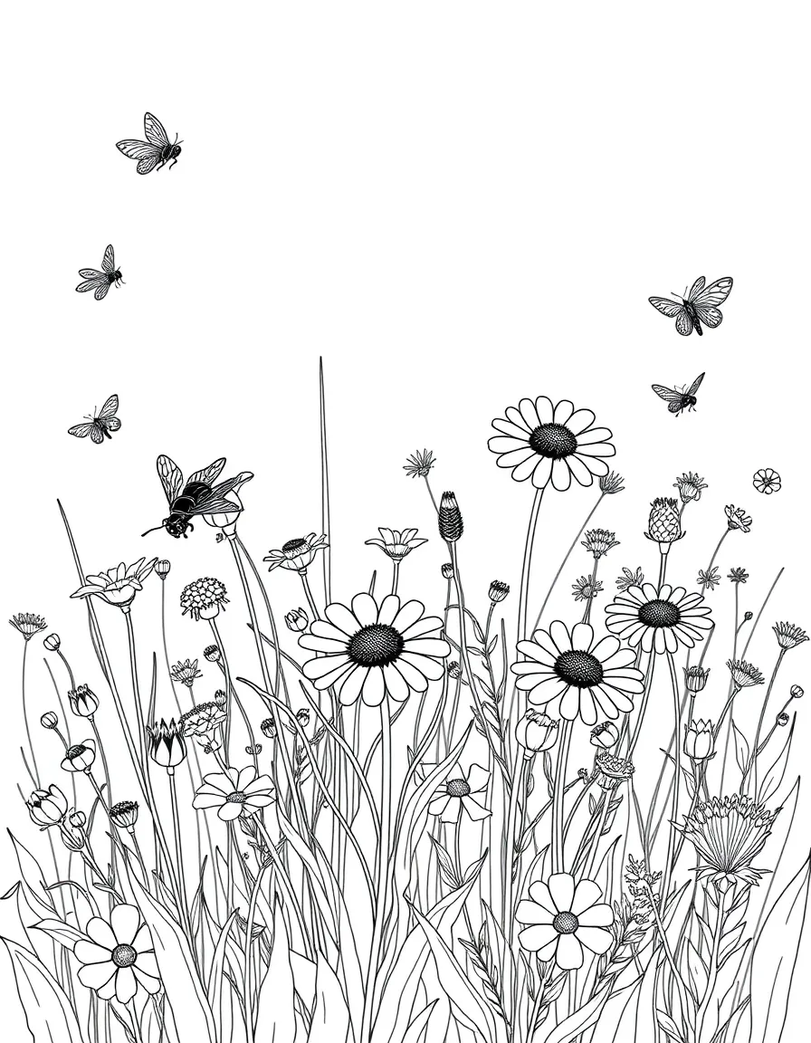 Detailed summer wildflower meadow with pollinators