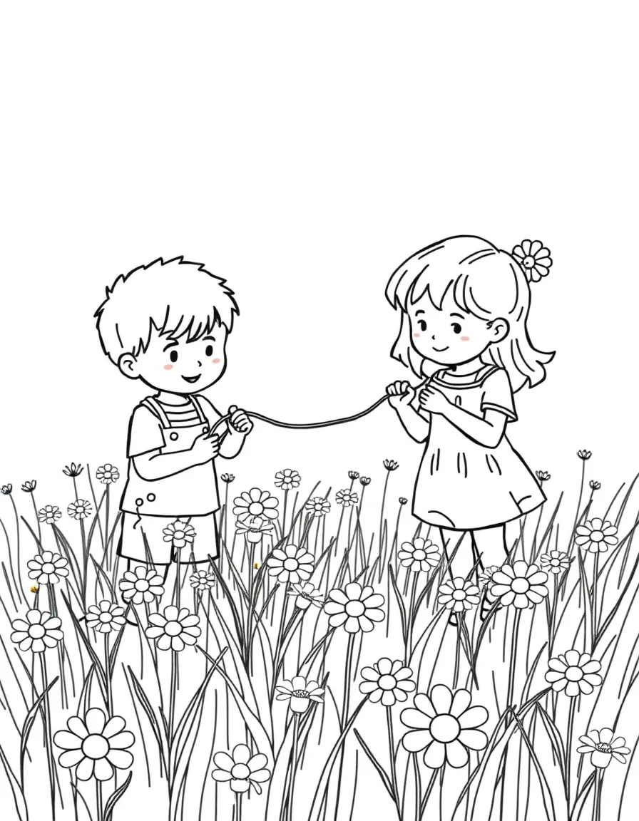 Children making daisy chains in a summer field