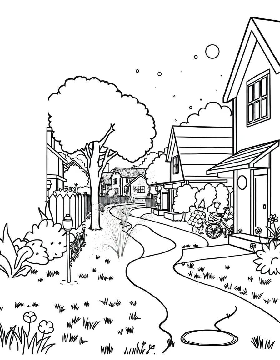 A summer neighborhood with sprinklers and chalk art