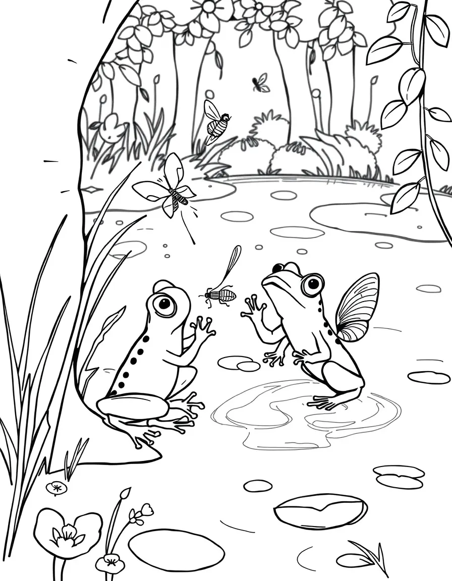 Young frogs catching insects by a summer pond