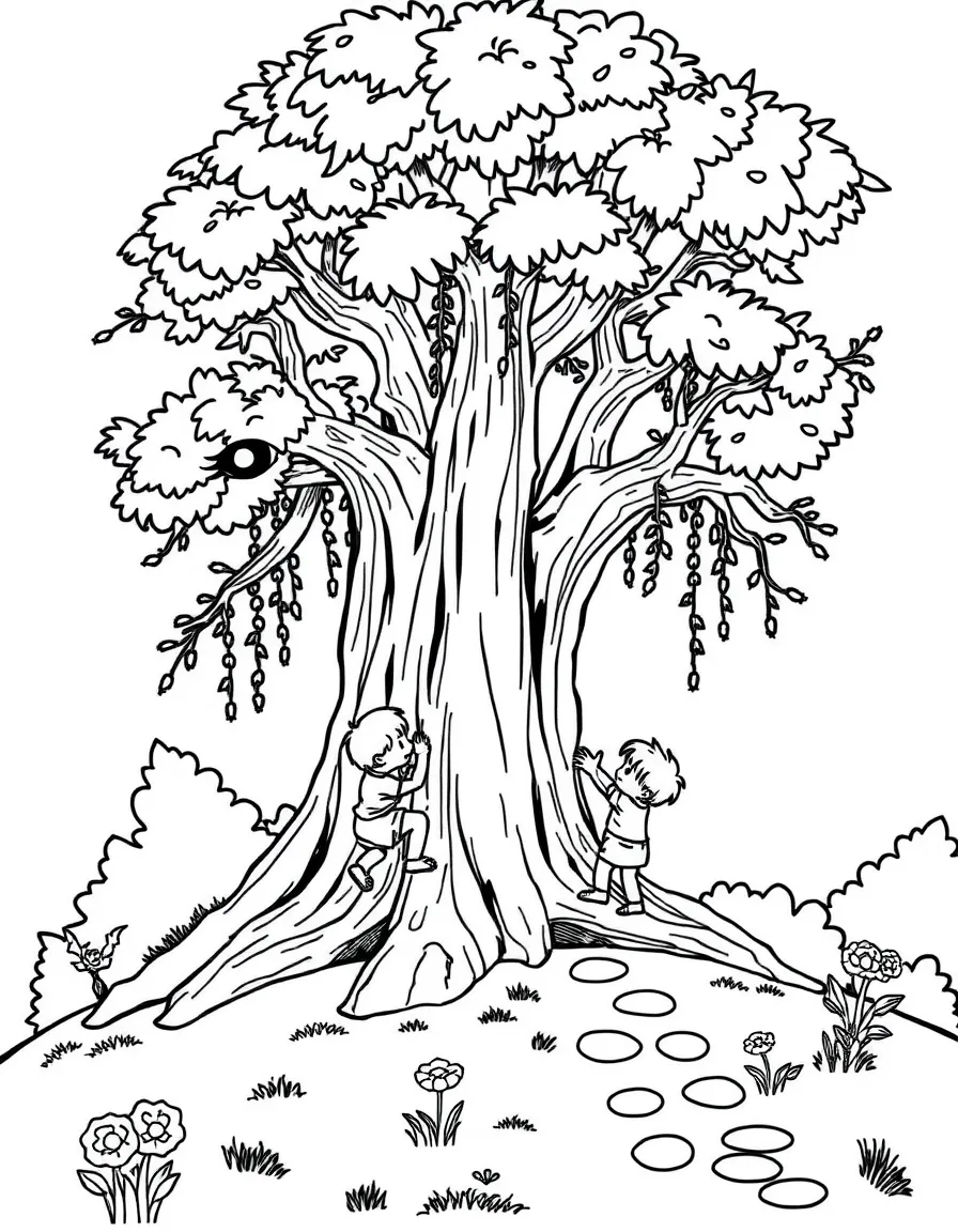 Children playing in a detailed summer tree fort