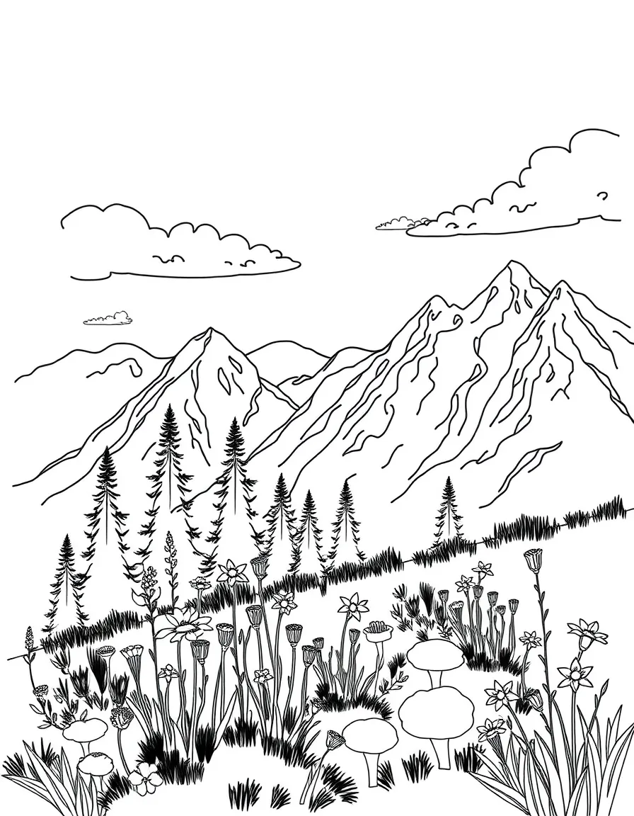 A summer mountain hiking scene with wildflowers